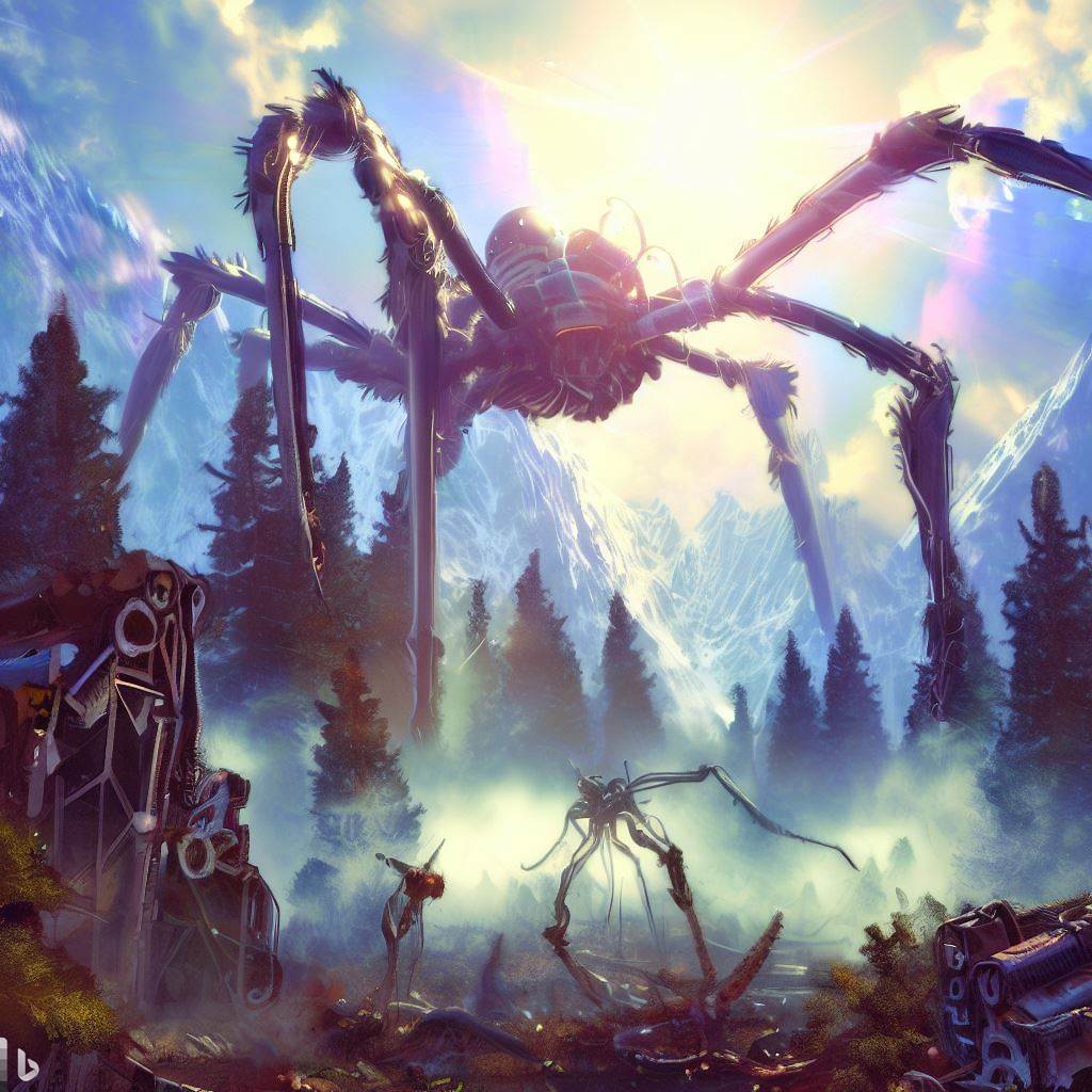 future spider robot fighting in tall forest, peaks in background, wreckage in foreground, surreal clouds, bloom, lens flare, realistic h.r. giger bob ross style 2.jpg